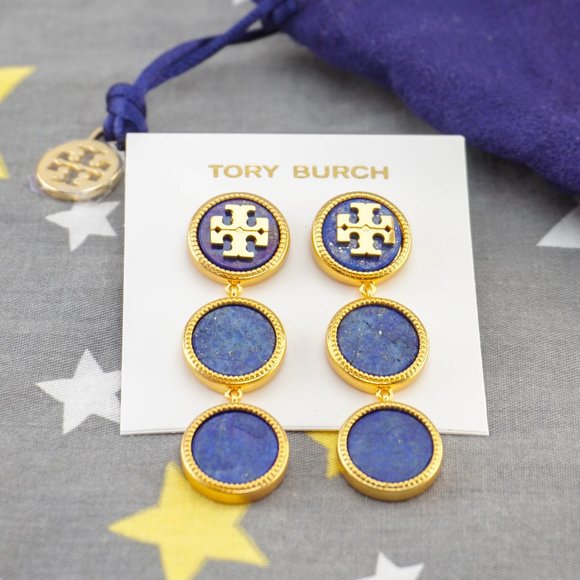Tory Burch Triple Button Drop Statement Earrings - Semiprecious Blue Lapis - Picture 2 of 6